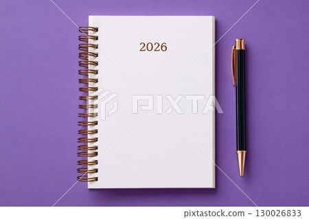 Empty notebook 2026. Purple color background. Blank Greeting Card, Invitation. Minimal Flier Design. Back to life, goal list concept. Resolutions, plan, goals, checklist idea. Top view. New Year 130026833