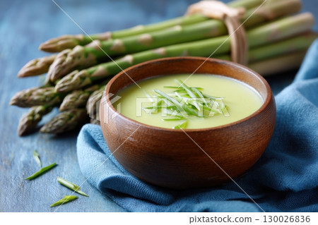 Delicious creamy asparagus soup with melted cheese on blue cloth napkin on wooden table background. Bright green bowl of asparagus andellek soup made with cream or coconut milk with crackers, sprouts 130026836