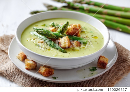 Delicious creamy asparagus soup with melted cheese on blue cloth napkin on wooden table background. Bright green bowl of asparagus andellek soup made with cream or coconut milk with crackers, sprouts 130026837