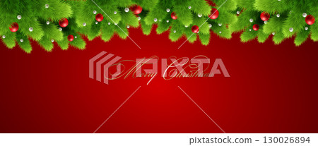 Pine tree branch border vector illustration. Fir twigs with green needles. Winter holiday evergreen decoration 130026894