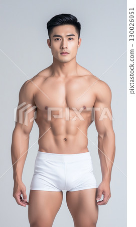 Handsome Asian Male Model with Toned Physique in Stylish White Underwear 130026951