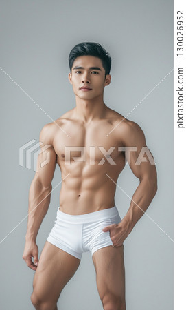 Handsome Asian Male Model with Toned Physique in Stylish White Underwear 130026952