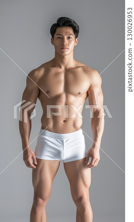Handsome Asian Male Model with Toned Physique in Stylish White Underwear 130026953