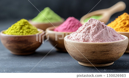Colorful traditional holi powder in bowls. festival of colours. AI Generated. 130026983