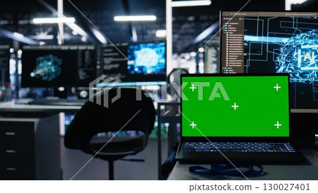 Close up of isolated screen laptop in data center used for AI development and machine learning coding. Server room chroma key notebook used for tracking neural network structures algorithm performance 130027401