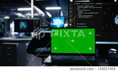 Close up of server hub mockup laptop tracking rigs processing machine learning datasets for artificial intelligence operations. Isolated screen notebook monitoring gear used in AI LLM development 130027409