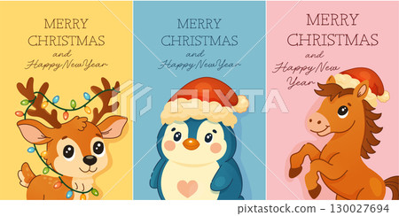 Merry Christmas cards with reindeer penguin and pony horse characters Merry Christmas cards with reindeer penguin and pony horse characters 130027694