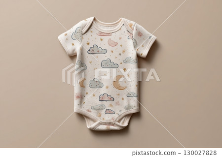 Baby white onesie on a creamy beige background. Fashion newborn clothes. Flat lay, top view. Kids soft clothing, soft moon, stars, clouds. Infant trendy bodysuit made of organic eco friendly cotton. 130027828