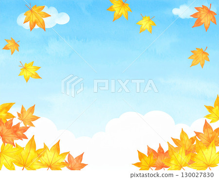 A cute frame with a squirrel peeking out from a frame of autumn leaves and acorns against a blue sky background with fluffy clouds. 130027830
