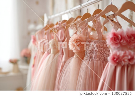 Beautiful dressy lush pink and white dresses for girls on hangers. Kids dresses with feathers for prom and holiday. Luxury evening fashion. Clothing store. Dress rental for various occasions, events. 130027835