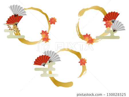 Round gold brushstrokes with autumn motifs in a Japanese pattern frame 130028325