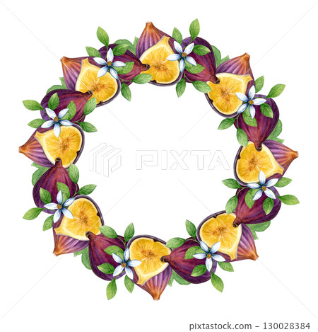 Wreath of figs, lemon leaves and flowers. Watercolor of fruits and leaves isolated on a white background. Good for postcards, recipes, menu, invitations, greeting cards Wreath of figs, lemon leaves and flowers. Watercolor of fruits and leaves isolated on a white background. Good for postcards, recipes, menu, invitations, greeting cards 130028384