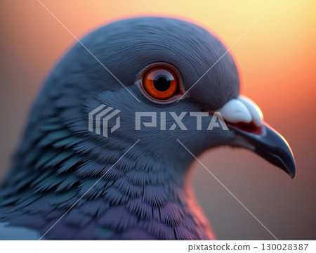 Detailed Close-up of Rock Dove Portrait with Sunset Background 130028387