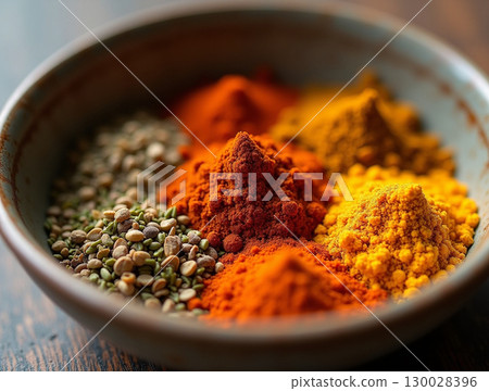 Close up Colorful Assorted Spices in Ceramic Bowl Culinary Ingredient 130028396