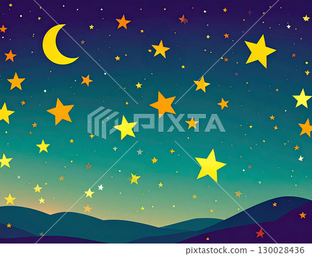 動畫風格的插圖，描繪了黃昏夜空中閃爍的星星和漂浮的新月 130028436