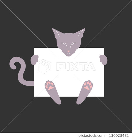 Thin gray cat is holding a blank paper banner with empty space for text. Vector illustration Thin gray cat is holding a blank paper banner with empty space for text. Vector illustration 130028481