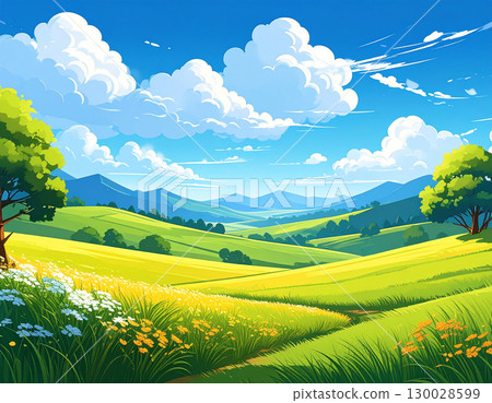 A magnificent landscape of grassy hills and mountains in the distance, clouds floating in the blue sky, and sunlight pouring down. 130028599