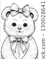 Coloring page with adorable bear, wearing bow. Drawing activity for kids and children 130028641