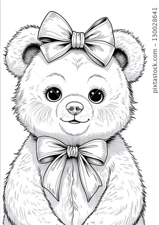 Coloring page with adorable bear, wearing bow. Drawing activity for kids and children 130028641