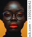 close up fashion portrait of african american woman, wearing eyeglasses, red lips, yellow eyeshadows against yellow background 130028642
