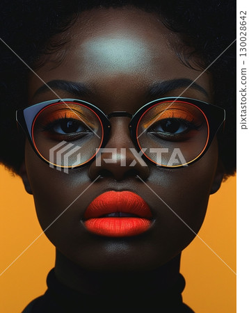 close up fashion portrait of african american woman, wearing eyeglasses, red lips, yellow eyeshadows against yellow background 130028642