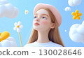 Cartoonish 3d girl character with long hair wearing a pink beret, holding a flower, surrounded by clouds and flowers against a blue background 130028646