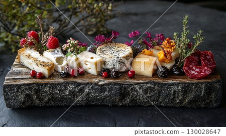 variety of cheeses served on wooden board. assorted cheese, garnished with herbs and berries 130028647