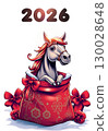 horse in red giftbag with numbers 2026. Card design for Chinese New Year lunar celebration 130028648