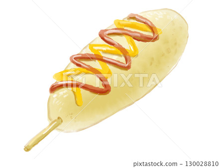 Hand-drawn watercolor illustration of a corn dog with ketchup and mustard Hand-drawn watercolor illustration of a corn dog with ketchup and mustard 130028810