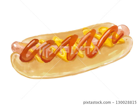 Hand-drawn watercolor illustration of a delicious hot dog with ketchup and mustard Hand-drawn watercolor illustration of a delicious hot dog with ketchup and mustard 130028815