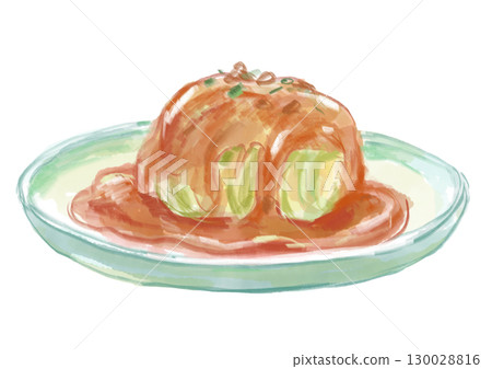 Hand-drawn watercolor illustration of delicious cabbage rolls with tomato sauce 130028816