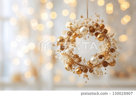 Delicate wreath of golden Christmas decorations hangs on the white wall. Magic and joy festive celebrations during the winter season. Elegant gold and silver Ornaments beautifully decorated setting. 130028907