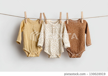 Baby onesie set on a light background. Fashion newborn clothes. Flat lay, top view. Baby kids soft clothing made from organic cotton. Infant trendy bodysuit natural colors, earth tones. Gender neutral 130028919