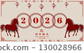 Happy Chinese new year 2026 greeting card with horse zodiac sign on red round frame,Chinese translate mean Happy new year 2026,Year of the horse 130028966