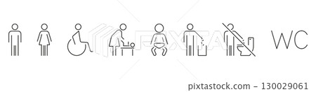 Restroom Signage Line Icon Set. Inclusive Bathroom Symbols For Men, Women, Disabled, Baby Changing and No Toilet Use. Public Facility Guidance. Editable Stroke. Isolated Vector Illustration 130029061