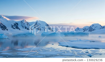 Snowy arctic landscape with mountains and frozen water. Snowy arctic landscape with mountains and frozen water. 130029236