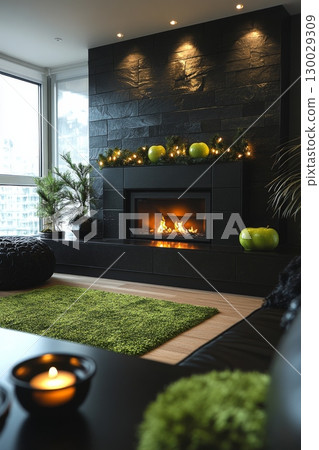 Black lit fireplace with green rug and plant in front of it in living room 130029309