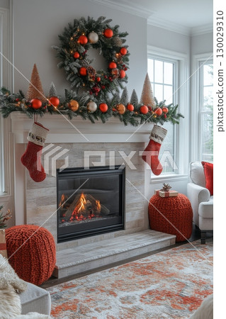 Classic cozy living room with lit fireplace adorned with wreath of red, gold ornaments and pair of stockings. Home is decorated for Christmas and warm, inviting atmosphere 130029310