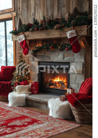 Cozy living room with fireplace and red Christmas decorations Cozy living room with fireplace and red Christmas decorations 130029312