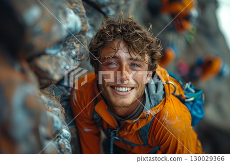 Joyful Man Climbing Indoor Wall 130029366