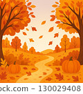 秋季風景插畫：秋葉、落葉、森林和南瓜 130029408
