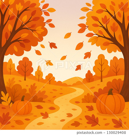 秋季風景插畫：秋葉、落葉、森林和南瓜 130029408