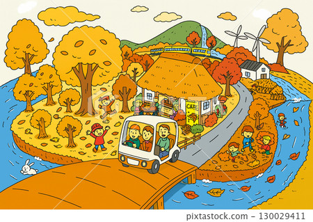 秋季鄉村風景插畫兒童與自然，秋葉，鄉村風景 130029411