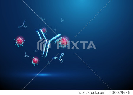 Flying blue 3d antibodies interacting with red viruses. Immune defense, immunotherapy, disease prevention, vaccination, pathogen neutralization, molecular biology concept Flying blue 3d antibodies interacting with red viruses. Immune defense, immunotherapy, disease prevention, vaccination, pathogen neutralization, molecular biology concept 130029686