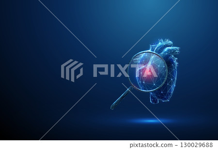 3d human heart under magnifying glass with red spot inside. Cardiac diagnostics, disease detection, inflammation identification, medical analysis concept. 3d human heart under magnifying glass with red spot inside. Cardiac diagnostics, disease detection, inflammation identification, medical analysis concept. 130029688