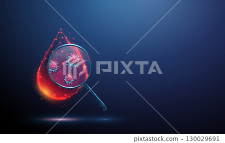 3 d drop of blood under a magnifying glass with red viruses inside. Concept of infectious diseases, pathogens, blood testing, viral diagnostics, and medical research 130029691