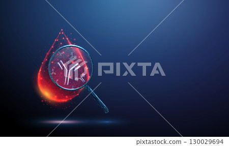 Blood drop with magnifying glass and antibodies inside. Immunology, serological testing, diagnostics, immune system, monoclonal therapy, biotechnology medicine concept 130029694