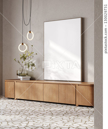 Vertical frame mockup on modern house background and wooden console, 3d rendering 130029731