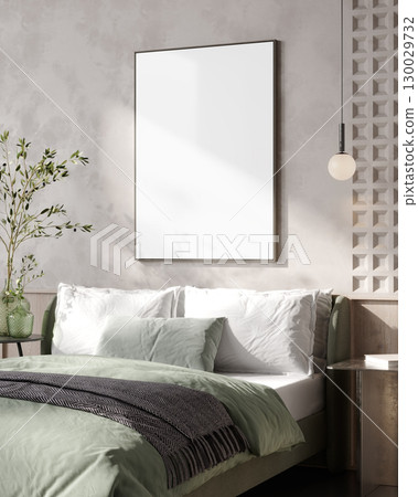 Mock up vertical poster frame in modern master bedroom interior background, 3D render 130029732