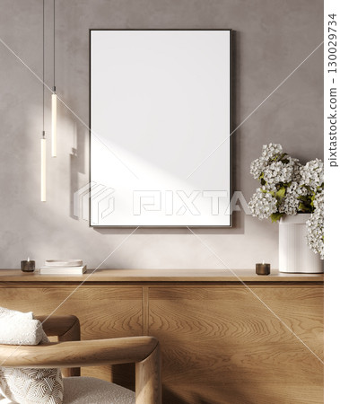 Picture frame on light brown wall above wooden dresser with flowers, 3d rendering 130029734